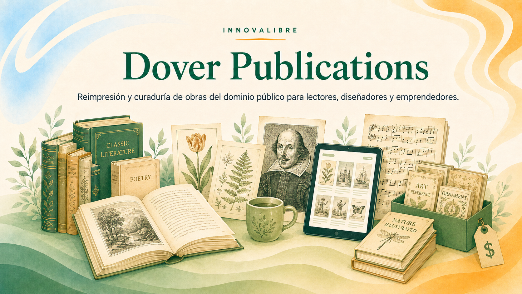 Representación conceptual de libros clásicos, grabados, láminas e industria editorial