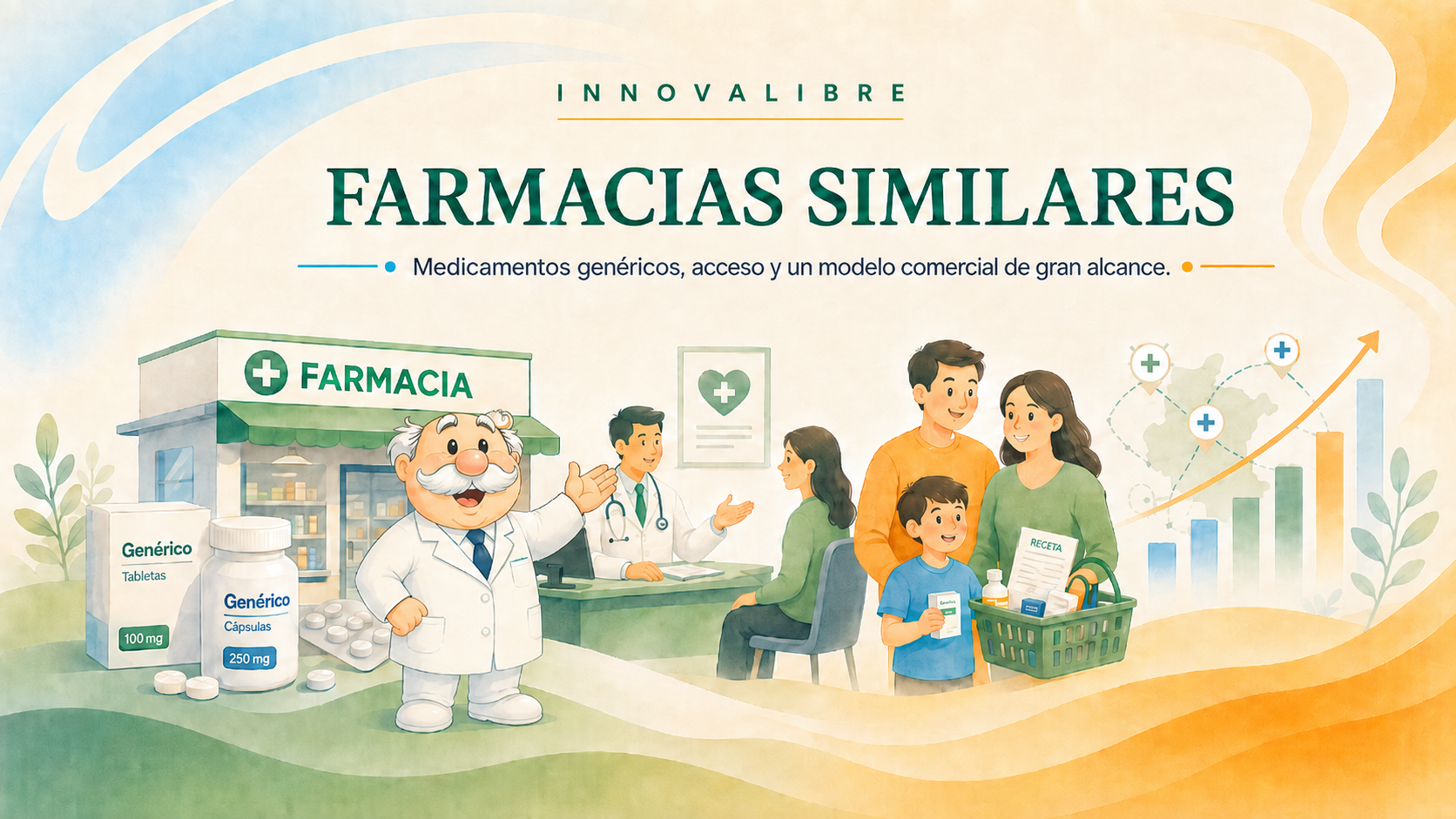 Representación conceptual de medicamentos genéricos, farmacia y servicios médicos accesibles