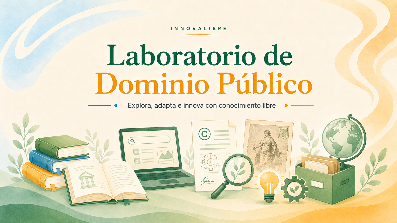 Ilustración del Laboratorio de Dominio Público con libros, documentos, engranes y elementos de innovación